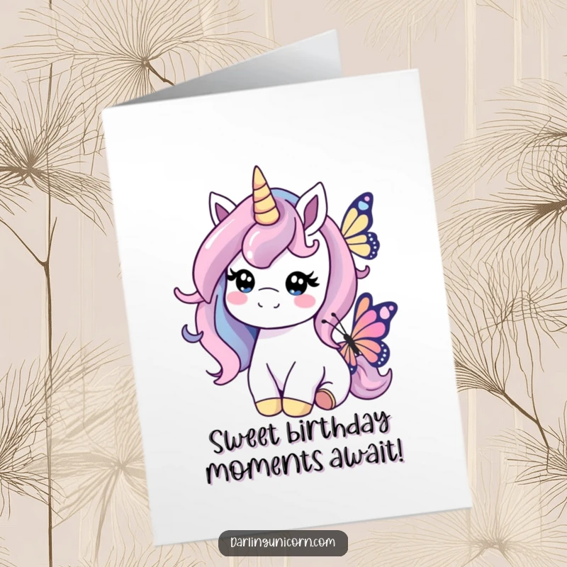 Funny Free Printable Birthday Card: A unicorn with a kind smile gently nudges a beautiful butterfly friend.
