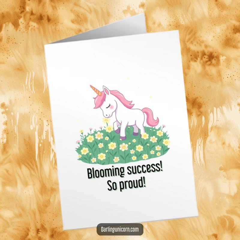 Funny Free Printable Congratulations Card: A unicorn softly nuzzling luminous moonflowers, signifying a gentle victory.