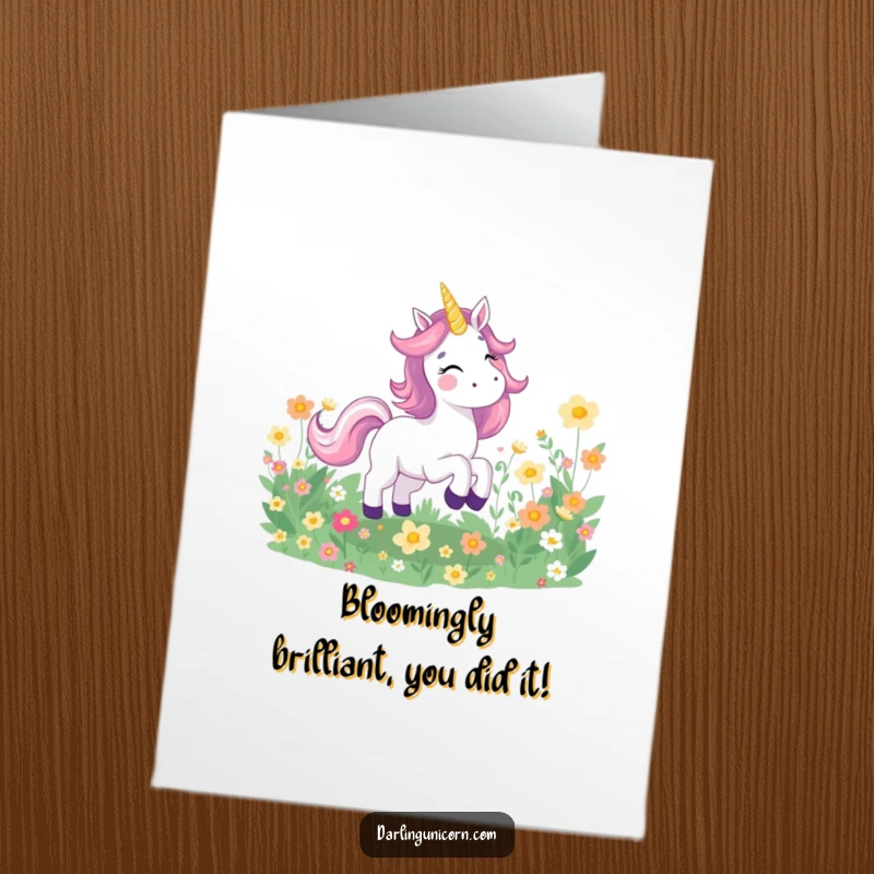 Funny Free Printable Congratulations Card: A joyful unicorn happily galloping through a vibrant field of glowing flowers.