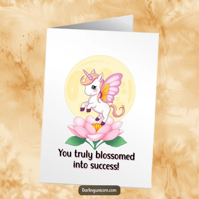 Funny Free Printable Congrats Card: Unicorn with butterfly wings lands softly on a blooming moonflower, celebrating growth.