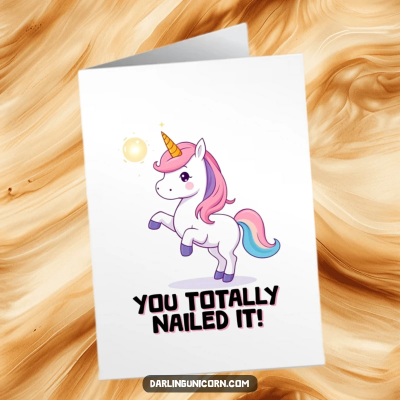 Funny Free Printable Congratulations Card: A unicorn playfully juggles a shimmering magic orb, celebrating a grand success.