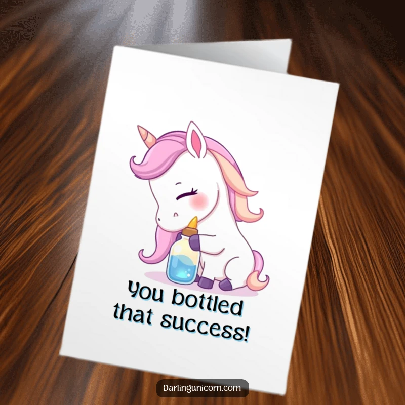 Funny Free Printable Congrats Card: Affectionate unicorn gently nuzzles a small, glowing potion bottle, celebrating success.