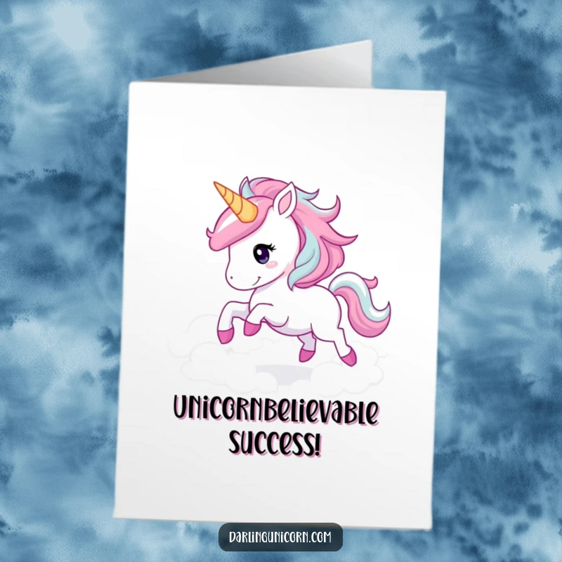 Free printable congratulations card: a radiant unicorn with a shimmering mane gallops through whimsical clouds, celebrating.
