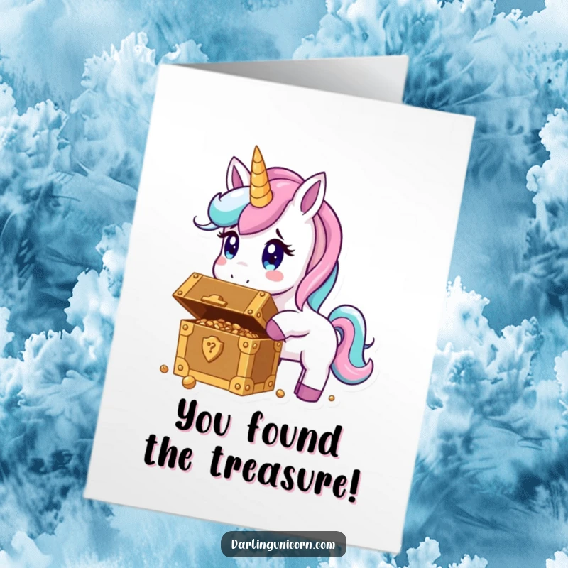 Funny free printable congratulations card featuring a unicorn with a comically surprised expression, stumbling upon a shiny, hidden treasure chest.