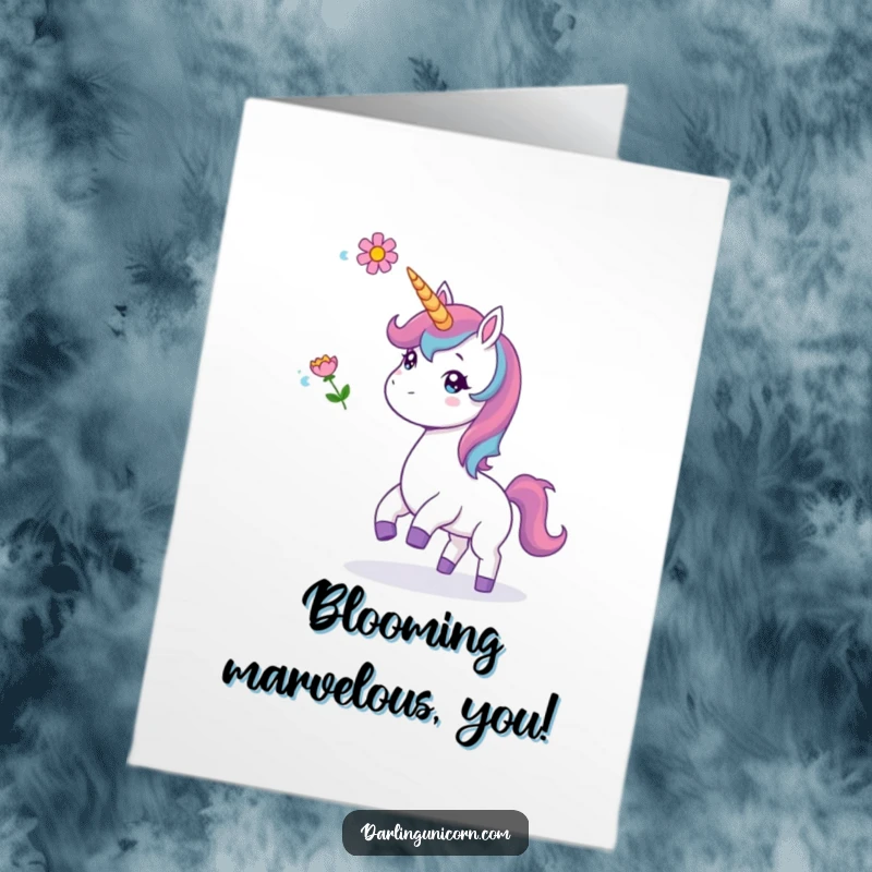 Funny Free Printable Congratulations Card: A happy unicorn playfully tosses a vibrant flower, celebrating good news.