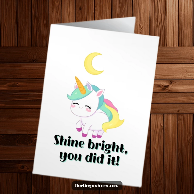 Free Printable Congratulations Card: A tranquil unicorn contemplates a luminous crescent moon with a soft smile.