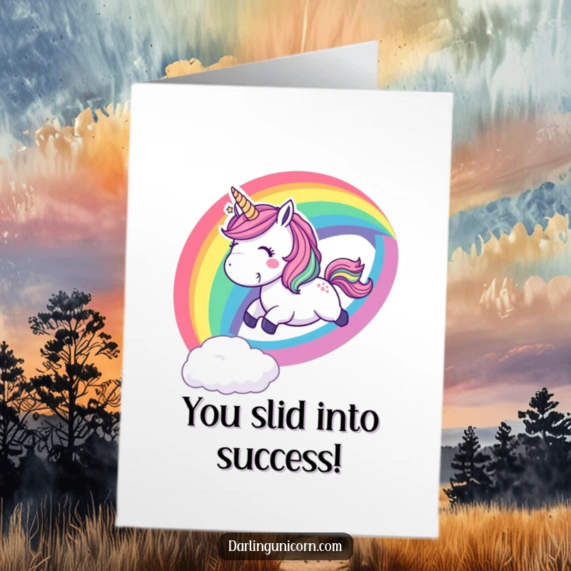 Funny Free Printable Congrats Card: Playful unicorn slides down a rainbow, cheering with pure delight and excitement.
