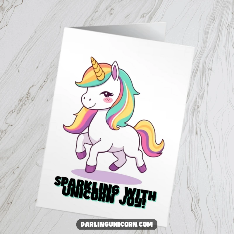 Free Printable Congratulations Card: A cute unicorn with a flowing rainbow mane prancing with pure joy, celebrating a wonderful success.