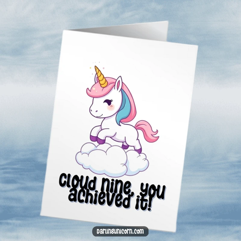 Free Printable Congratulations Card: A young unicorn with a shining horn gracefully leaping over a cloud, symbolizing reaching new heights.
