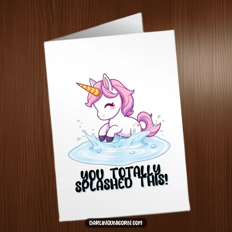 Funny Free Printable Congratulations Card: A unicorn joyfully plays, splashing in a pool of sparkling liquid joy.
