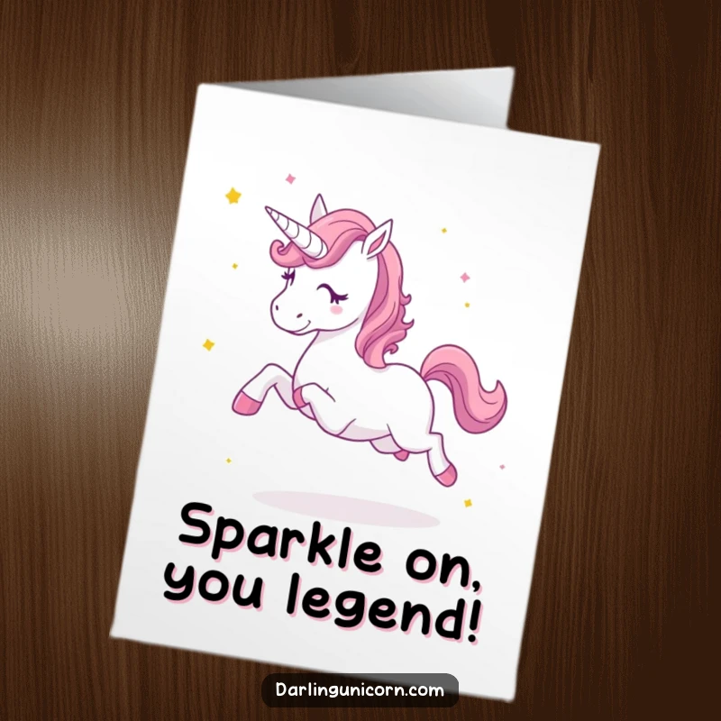 Funny Free Printable Congratulations Card: An excited unicorn trots joyfully, kicking up shimmering star dust in celebration.