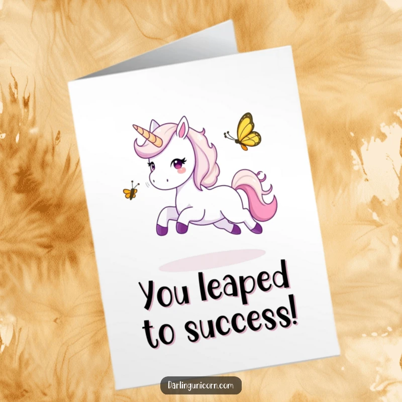 Funny Free Printable Congratulations Card: A happy unicorn leaps while playing tag with a butterfly.