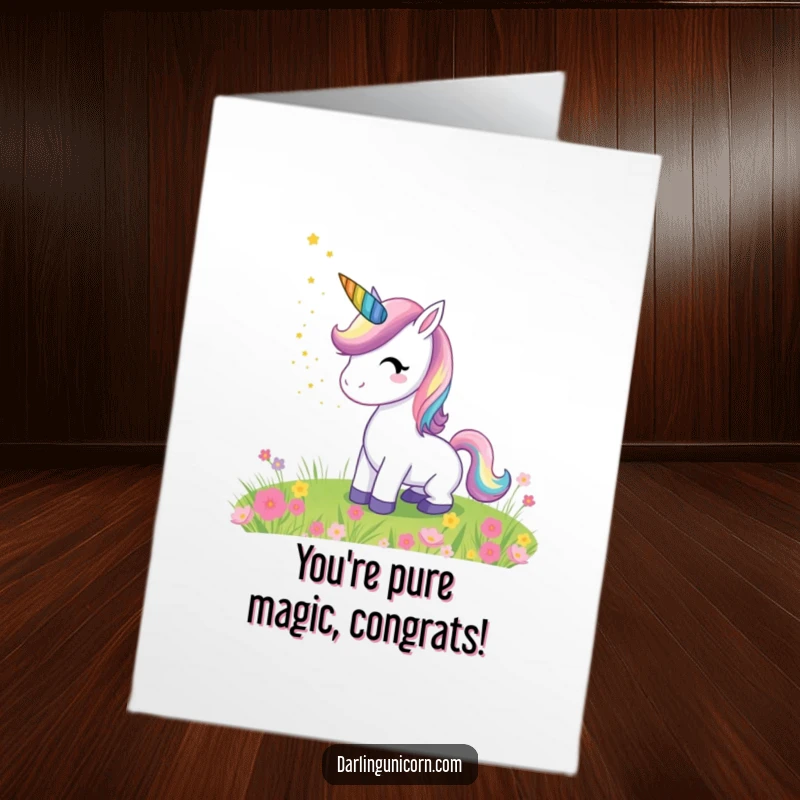 Funny Free Printable Congratulations Card: Unicorn with rainbow horn sprinkling stardust over a vibrant meadow.
