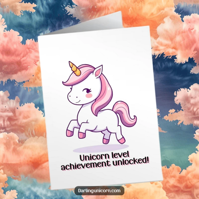 Funny Free Printable Congratulations Card: A charming kawaii unicorn with a radiant, sparkling horn joyfully prancing to celebrate.