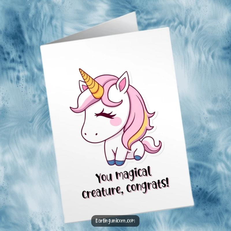 Funny Free Printable Congratulations Card: A golden-horned unicorn winks charmingly, perfect for celebrating someone's success.