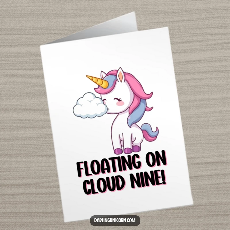 Funny Free Printable Congratulations Card: A unicorn gently nudges a cloud, symbolizing reaching new, happy heights in celebration.