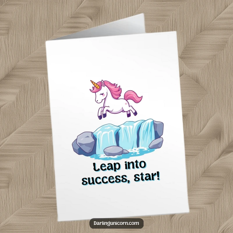 Funny Free Printable Congrats Card: Kawaii unicorn gracefully leaping over a shimmering waterfall, horn aglow.