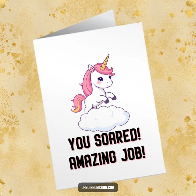 Free Printable Congratulations Card: Unicorn with shimmering horn leaping over a cloud, symbolizing achievement, digital print.