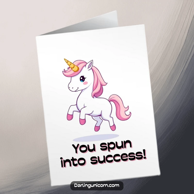 Free Printable congratulations card featuring a unicorn twirling with a horn trail.