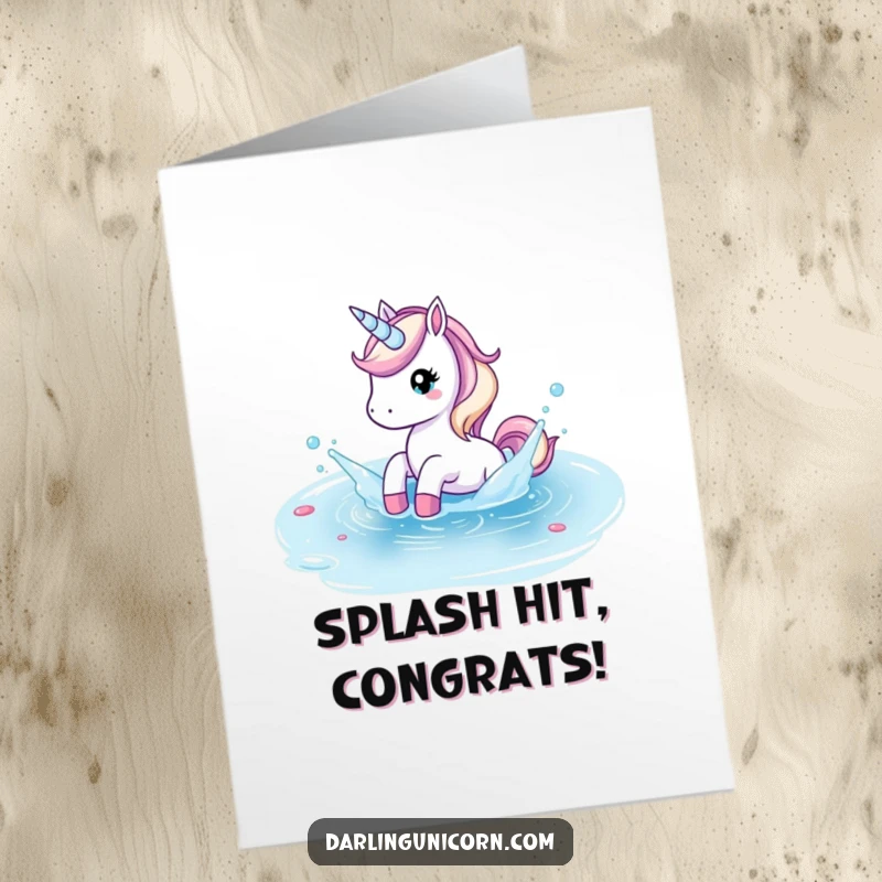 Funny Free Printable Congratulations Card: Unicorn playfully splashing in a crystal clear pond, a joyful downloadable gift.