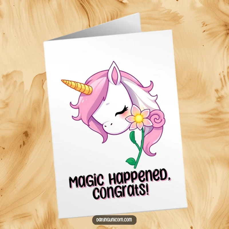 Funny Free Printable Congratulations Card showing a curious unicorn nuzzling a glowing magic flower, symbolizing growth and new adventures.