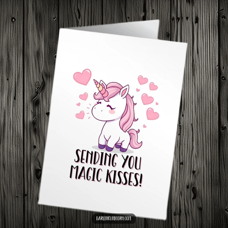 Funny Free Printable Congratulations Card: a unicorn blows a kiss, scattering sparkling hearts. Sweet downloadable gift.