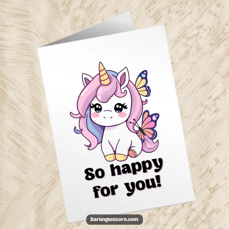 Funny Free Printable Congratulations Card: A unicorn with a kind smile softly nudges a lovely butterfly in celebration.
