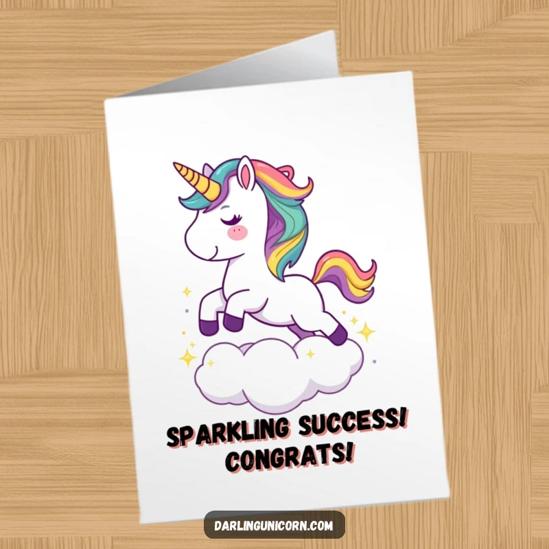 Free Printable Congrats Card: A joyful unicorn with a vibrant rainbow mane leaps gracefully over a shimmering cloud.