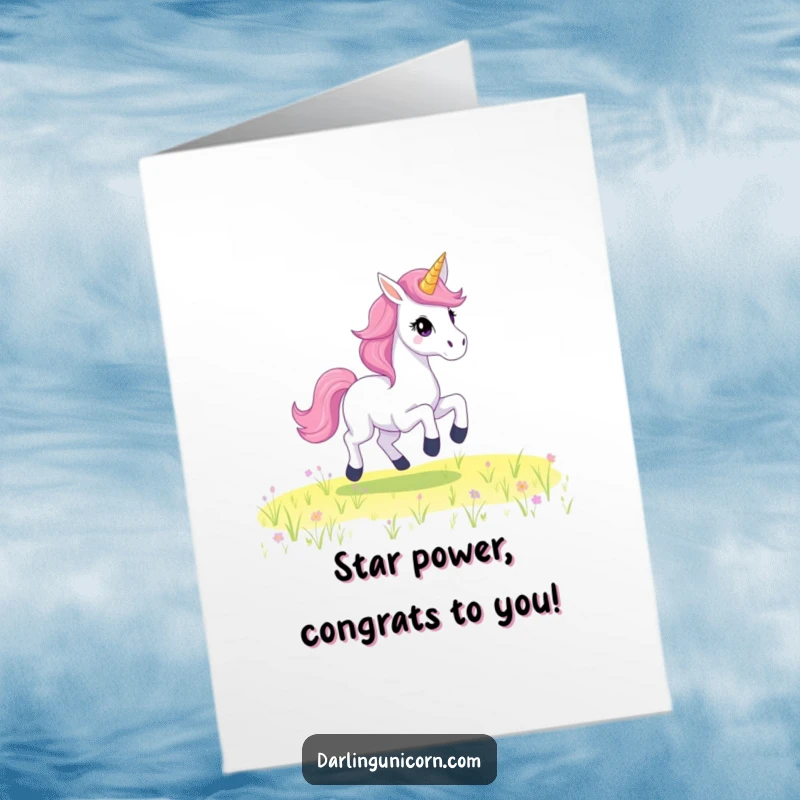 Funny Free Printable Congratulations Card: A majestic unicorn with a starry mane gallops, symbolizing triumphant achievement.