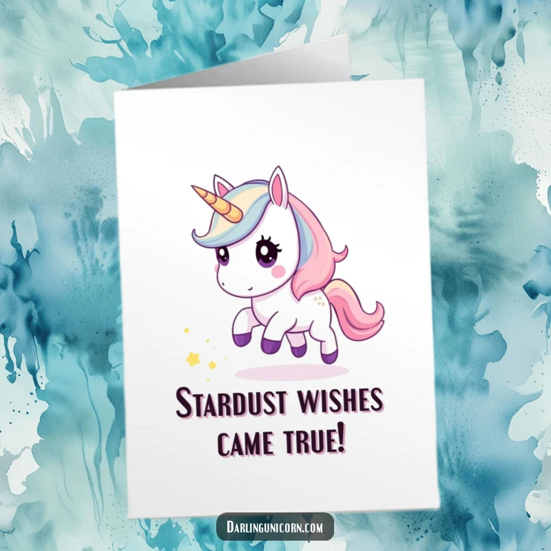 Funny Free Printable Congratulations Card: Cute kawaii unicorn with wide eyes chasing a magical trail of stardust.