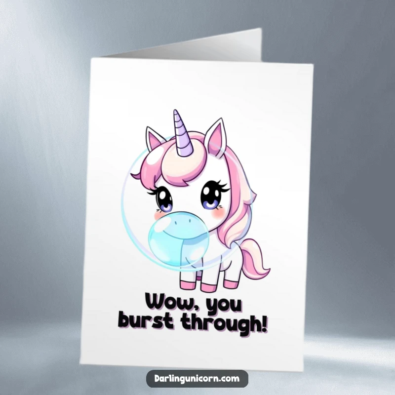 Funny Free Printable Unicorn Congratulations Card: Curious unicorn sniffing a giant iridescent bubble, perfect for celebrations.