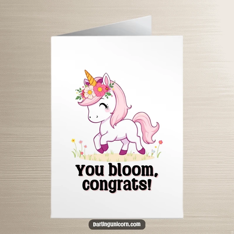 Funny Free Printable Congratulations Card: Unicorn with flower crown prancing, spreading happiness for a downloadable gift.