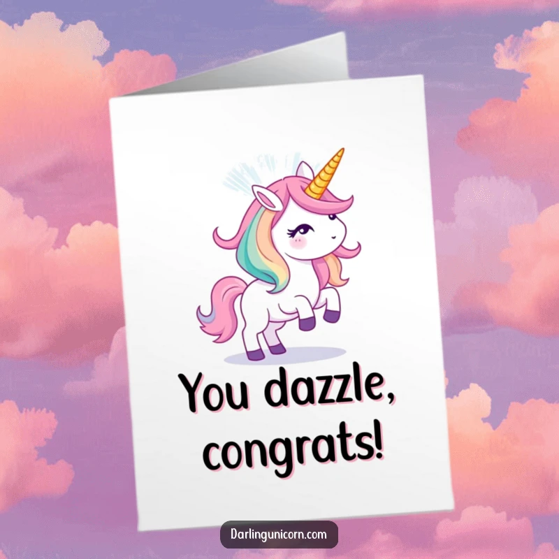 Funny free printable congratulations card where a unicorn unleashes a spectacular light show from its horn, celebrating a great success.