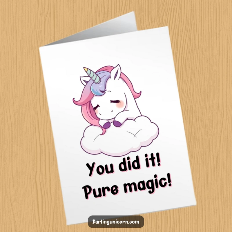 Funny Free Printable Congratulations Card: Unicorn blissfully nuzzling a soft cloud, perfect for any celebration.