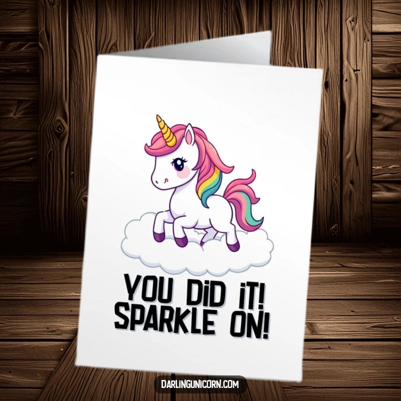 Funny Free Printable Congratulations Card: Adorable kawaii unicorn with a rainbow mane prancing through clouds, celebrating a special moment.