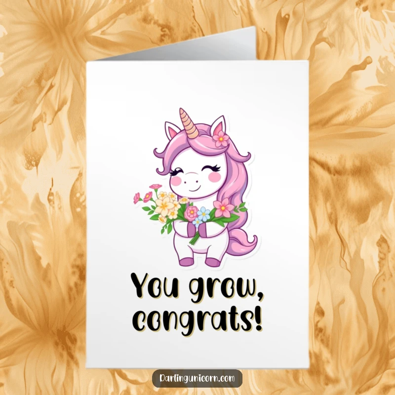Funny Free Printable Congratulations Card: A smiling unicorn offers a bouquet of flowers, symbolizing blooming success and joy.