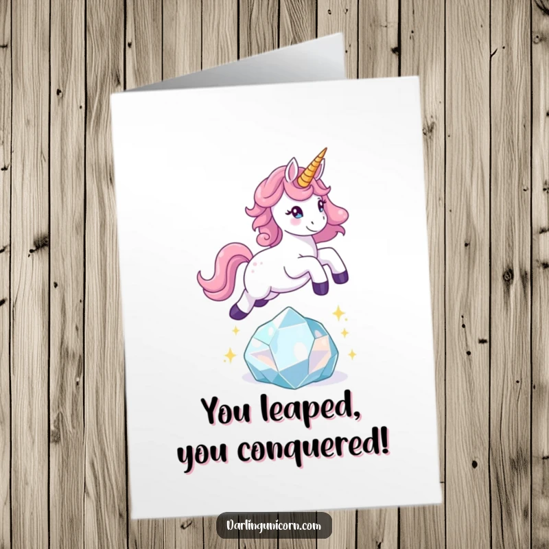 Funny Free Printable Congratulations Card depicting a playful unicorn leaping over a sparkling crystal, celebrating a grand success.