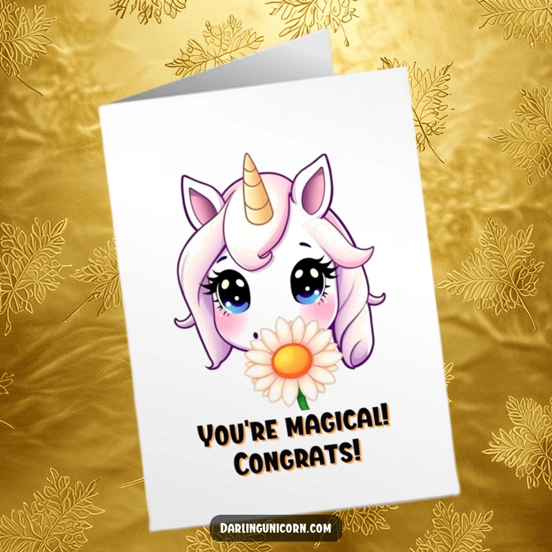 Funny Free Printable Congratulations Card with an innocent unicorn smelling a large daisy. Whimsical downloadable gift for celebrations.