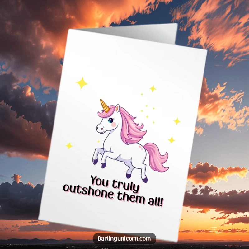 Funny Free Printable Congrats Card: Majestic unicorn gallops through a starry sky, horn aglow, symbolizing success.