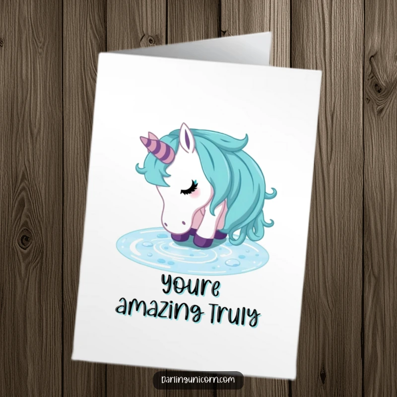 Funny Free Printable Congratulations Card: A unicorn drinks from a stream, looking refreshed and ready to celebrate achievements.