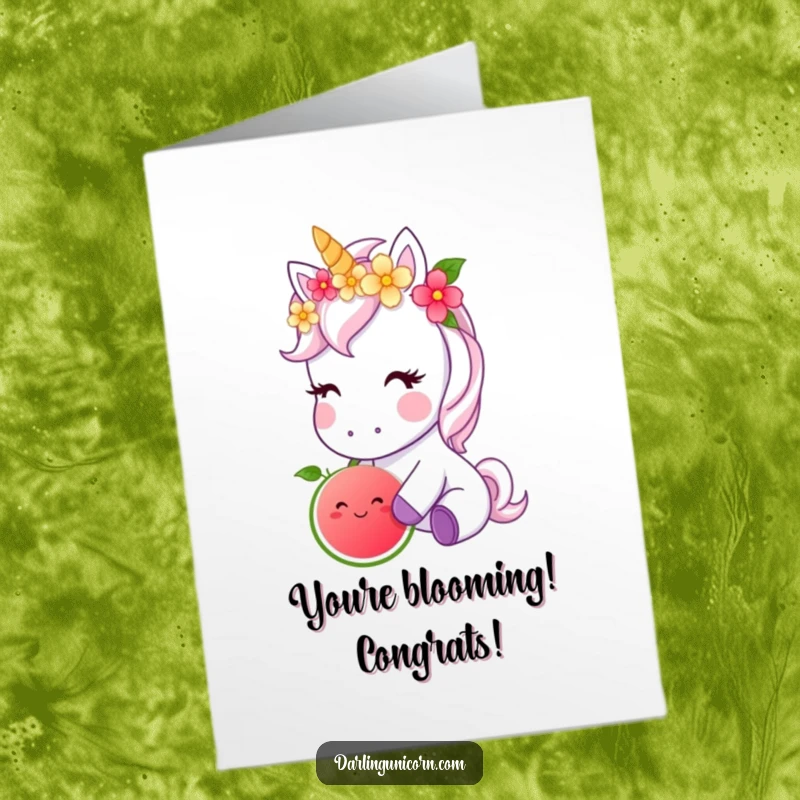 Free Printable Congratulations Card: Cute unicorn with flower crown nibbling magical fruit, symbolizing sweet achievement, digital art.