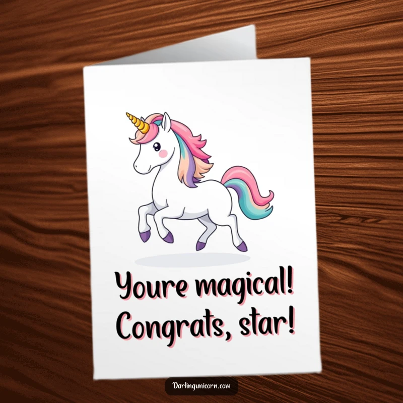 Magical Free Printable Congratulations Card: A majestic unicorn prances, with a dazzling rainbow trailing its hooves, celebrating your success.