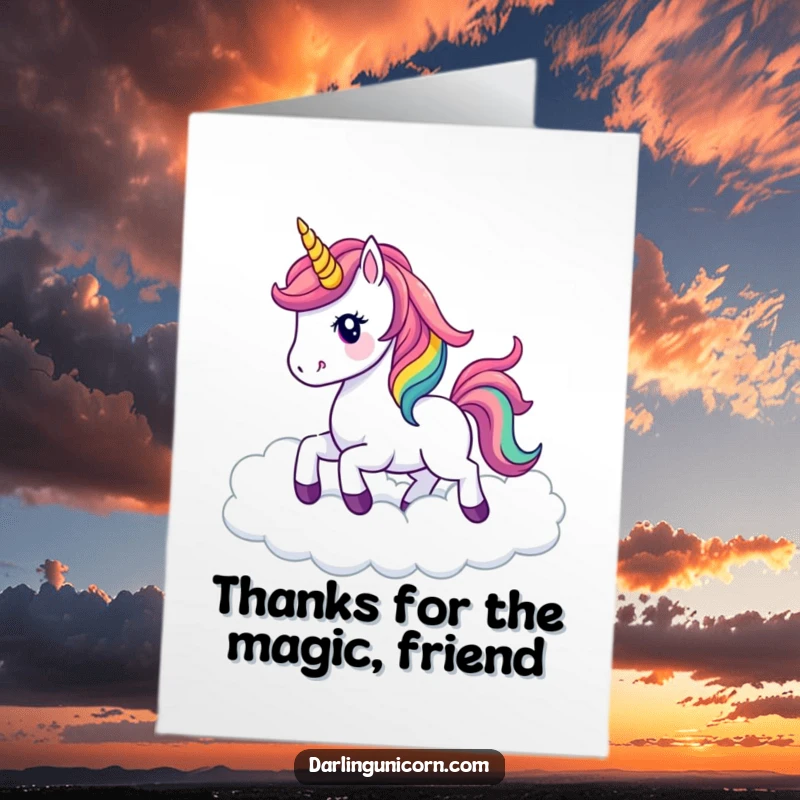 Funny Free Printable Thank You Card: Cute kawaii unicorn with a rainbow mane prancing through clouds, expressing heartfelt thanks.