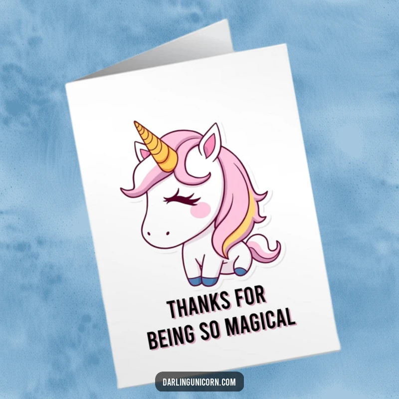 Funny Free Printable Thank You Card: A cute unicorn with a golden horn winks, offering heartfelt thanks.