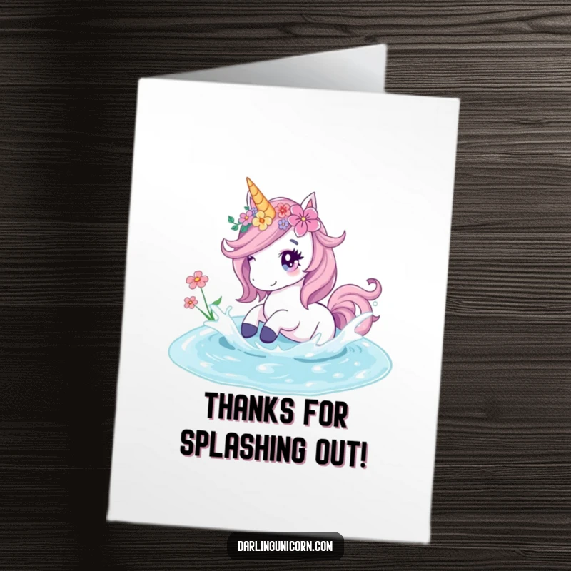 Funny Free Printable Thank You Card: Unicorn with floral adornments playfully splashing in a crystal pond.