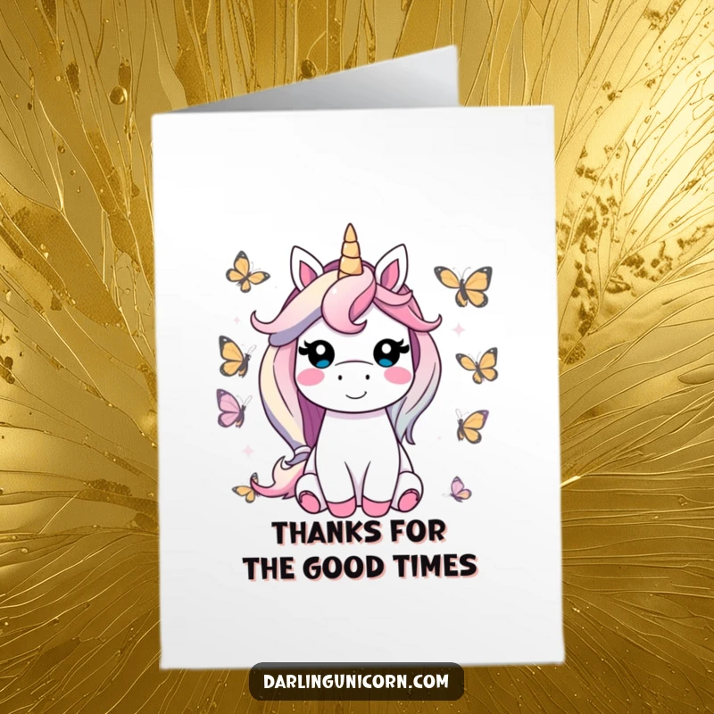 Funny Free Printable Thank You Card: A contented unicorn smiles warmly amidst a cloud of friendly butterflies, conveying gratitude.