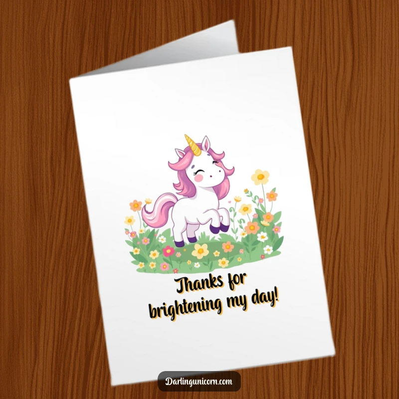 Funny Free Printable Thank You Card: Joyful unicorn with a happy expression galloping through a field of glowing flowers.