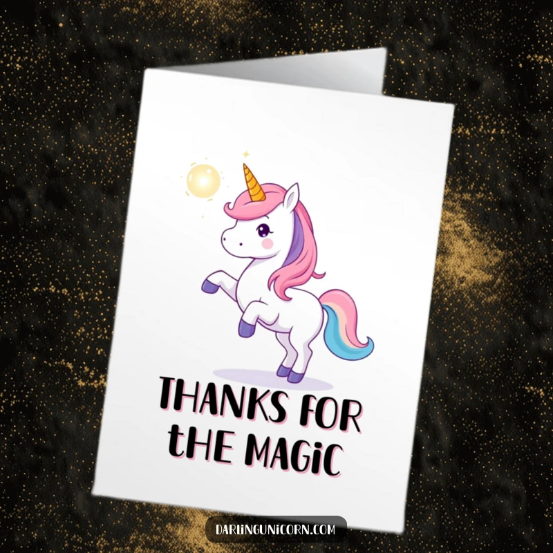 Funny Free Printable Thank You Card: A unicorn playfully tosses a luminous magic orb, sending thanks with sparkle.