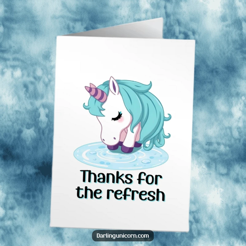Funny Free Printable Thank You Card: A unicorn takes a refreshing drink from a clear stream, symbolizing heartfelt thanks.