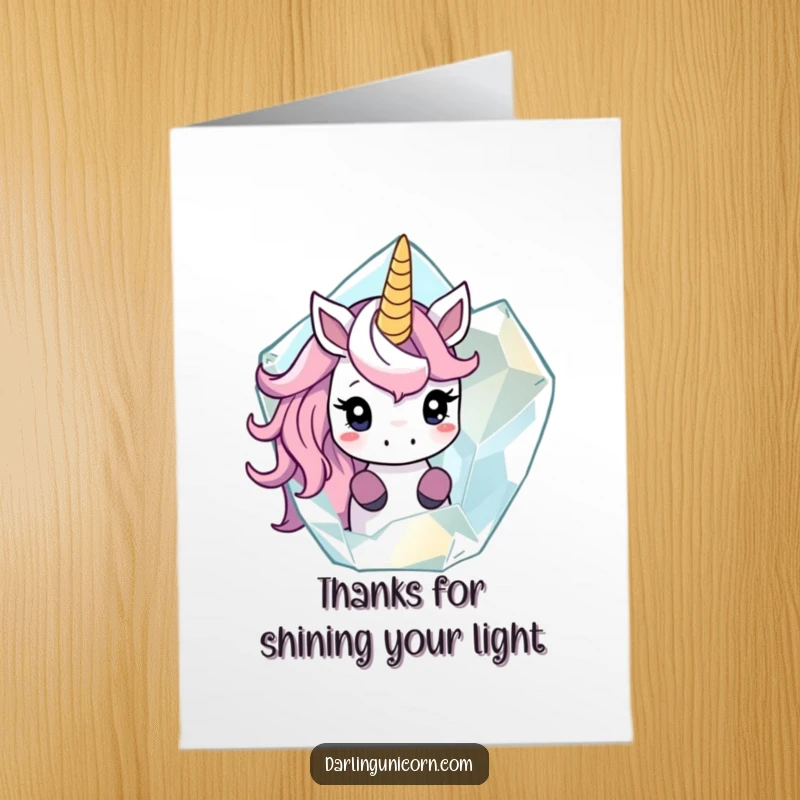 Funny Free Printable Thank You Card: Shy unicorn peeking from behind a large crystal, conveying thanks softly.